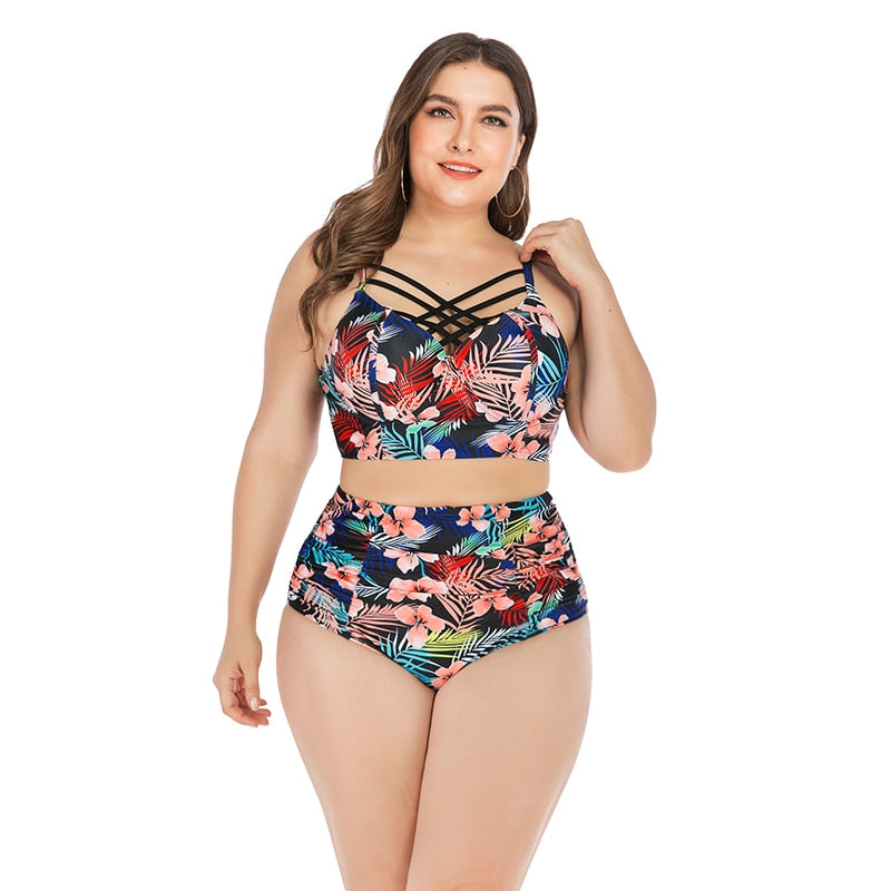 Plus Size Backless High Waist Printed Swimwear