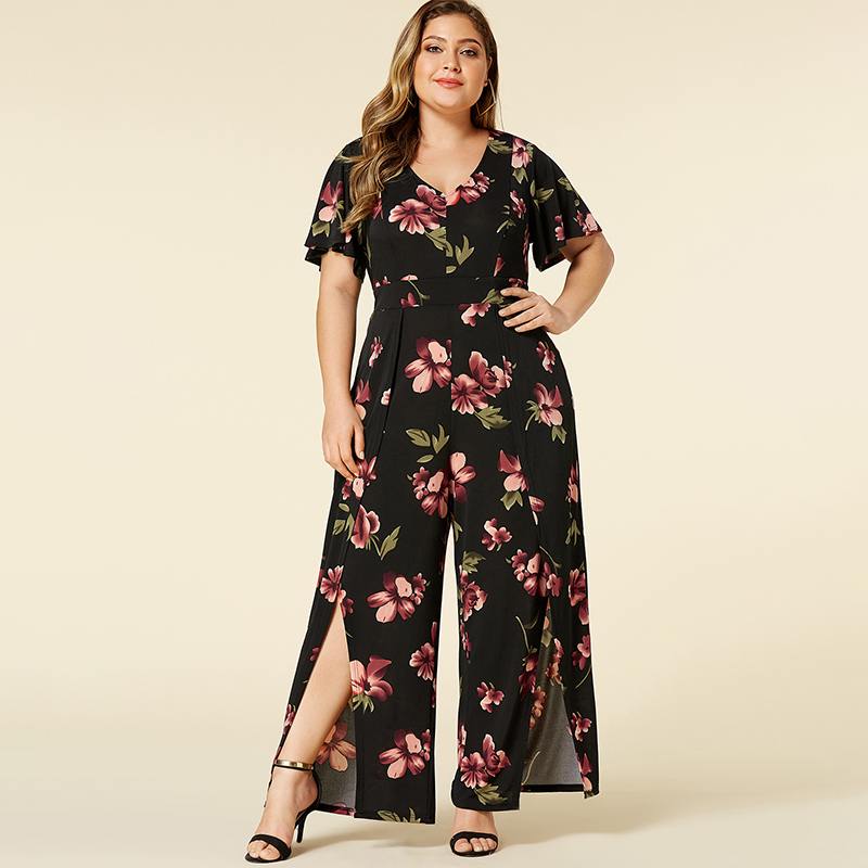 Plus Size Bohemian Floral V-Neck Jumpsuit