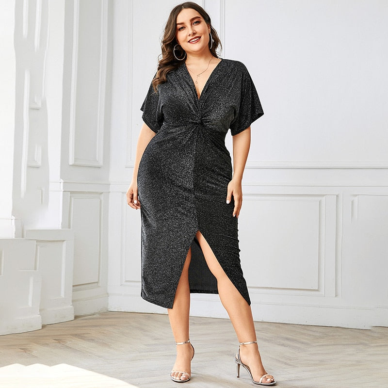 Plus Size V-Neck Slit Hem High-Waist Dress