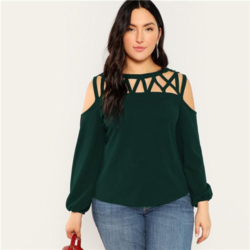 Sexy Cold Shoulder Lantern Sleeve Top - Green