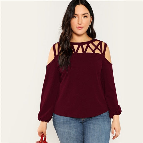 Sexy Cold Shoulder Lantern Sleeve Top - Burgundy