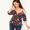 Cold Shoulder V-Neck Belted Floral Top