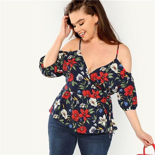 Cold Shoulder V-Neck Belted Floral Top